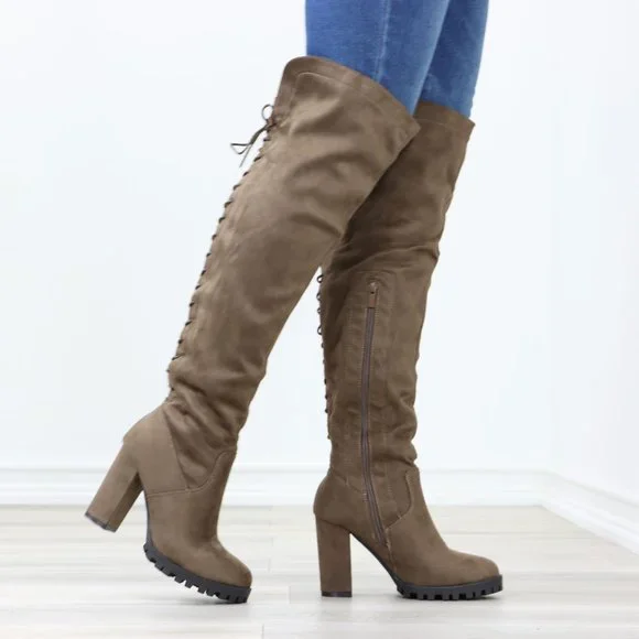 Lace-Up Back Taupe Faux Suede Thigh High Over The Knee Lug Block Heeled Boot - Picture 14 of 14